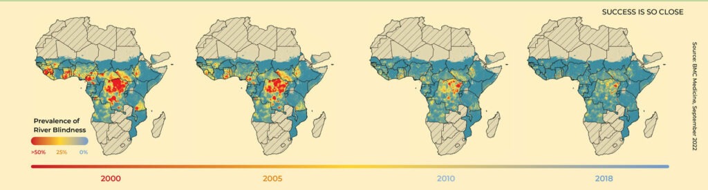 Map showing the prevalence of river blindness (onchocerciasis) across Africa, highlighting high-risk regions across the central latitudinal band of Africa.